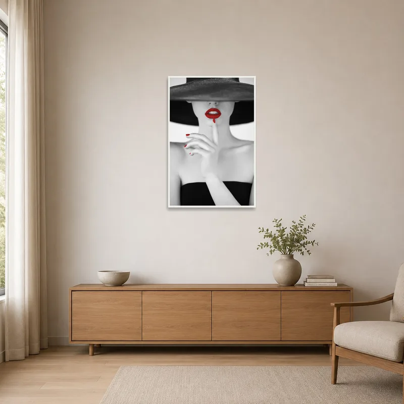 Minimalist space showcasing a monochrome portrait with red touches.