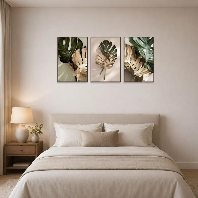 Neutral-toned Monstera leaf set brings tranquility to the bedroom.