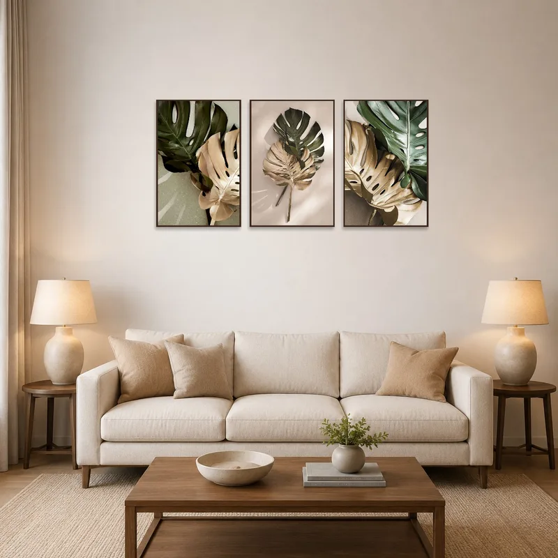 Elegant Monstera leaf art set on a living room wall with neutral decor.