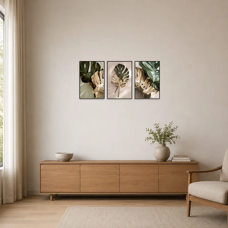 Monstera leaf artwork complements the minimalist room's clean lines.