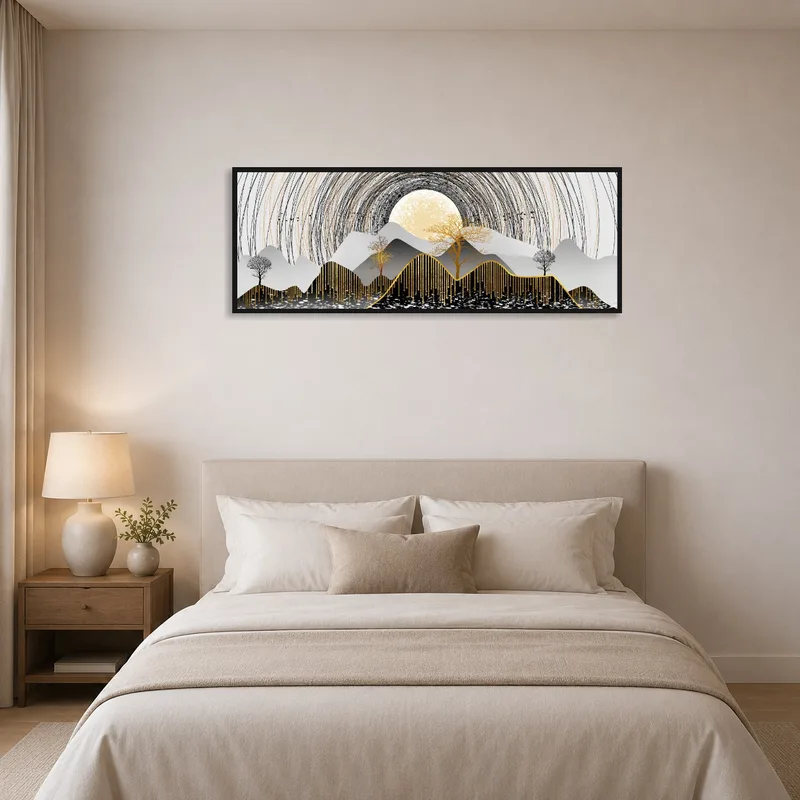 Peaceful mountain landscape adding charm to a bedroom wall.