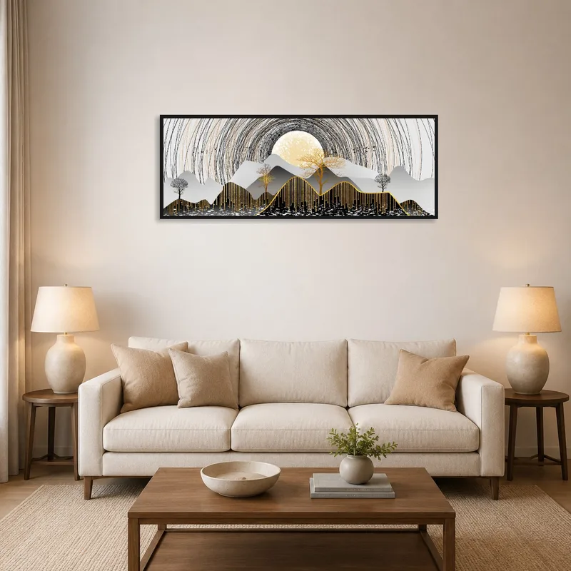 Mountain landscape with golden trees above a cozy living room sofa.