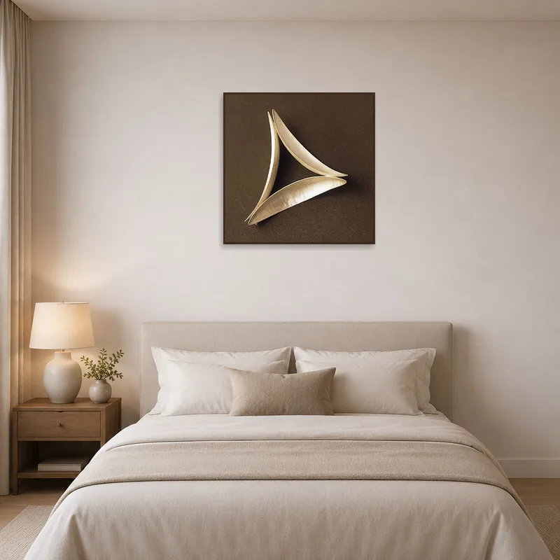 Serene bedroom with an elegant geometric art print of seed pods over a tranquil bed setup.