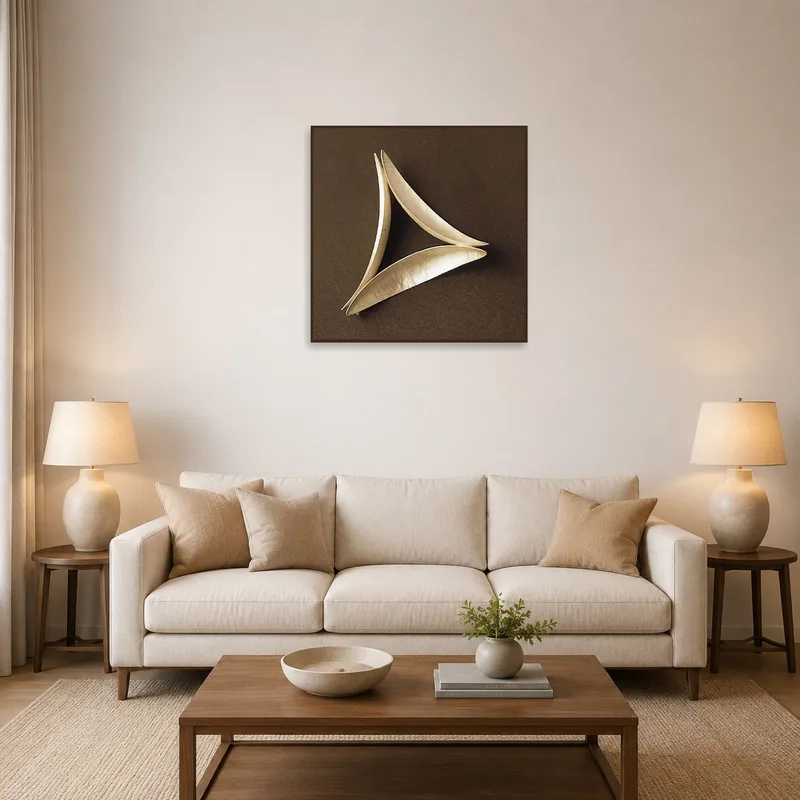 Geometric art print of seed pods hanging in a modern living room above a sleek sofa.