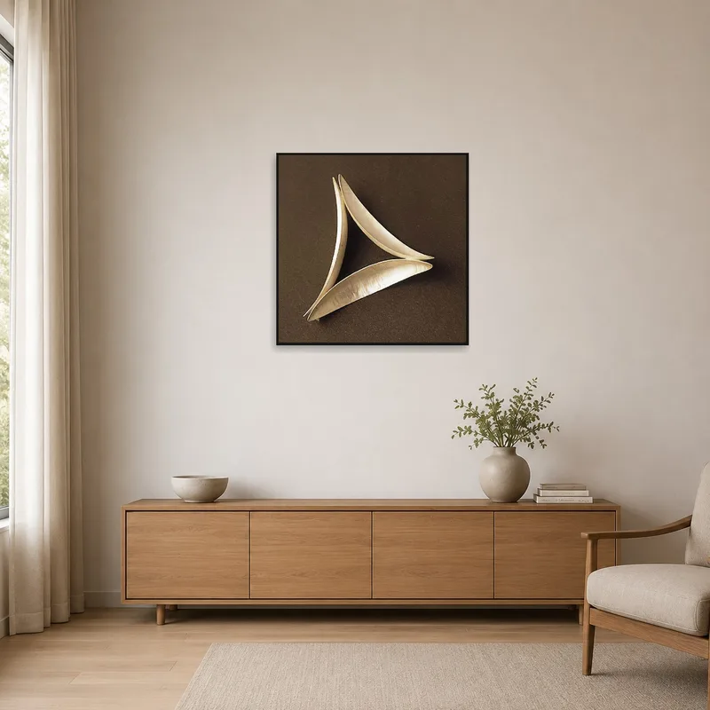 Minimalist room featuring a natural seed pod art print on a clean white wall.
