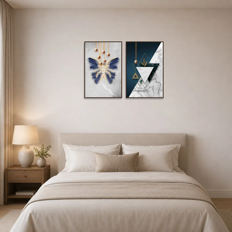 Elegant nature and geometry art set adds tranquility to a serene bedroom.