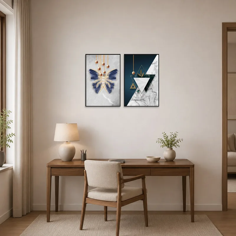 Elegant nature and geometry art set inspires creativity in a contemporary home office.