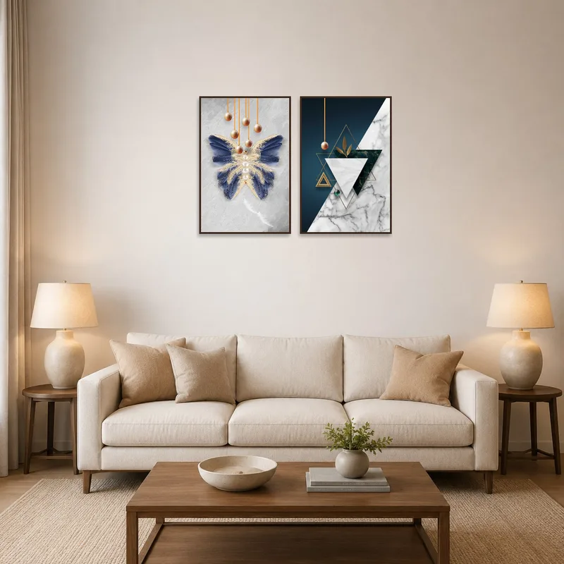 Elegant nature and geometry art set above a modern sofa in a stylish living room.