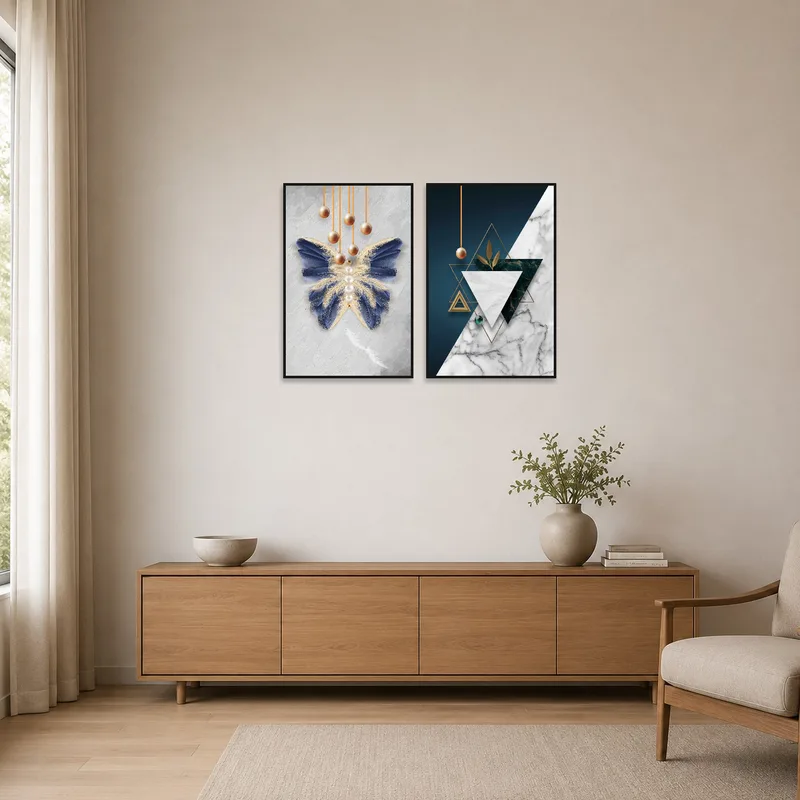 Elegant nature and geometry art set against a crisp white wall in a minimalist space.