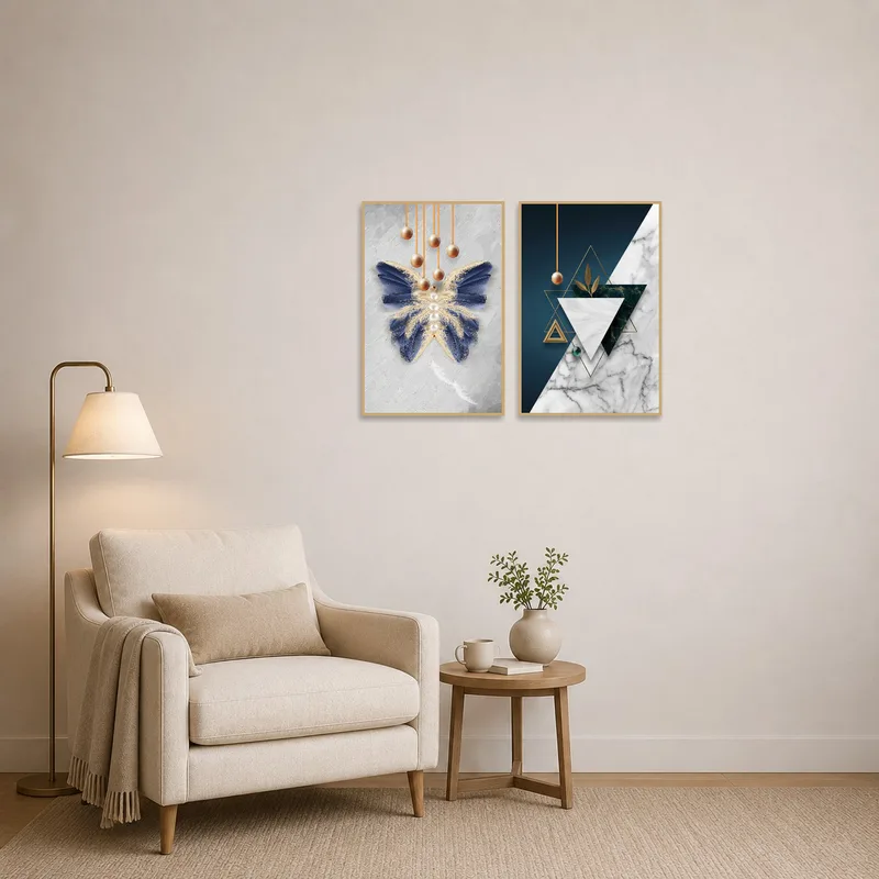Elegant nature and geometry art set brings focus to a cozy reading corner.