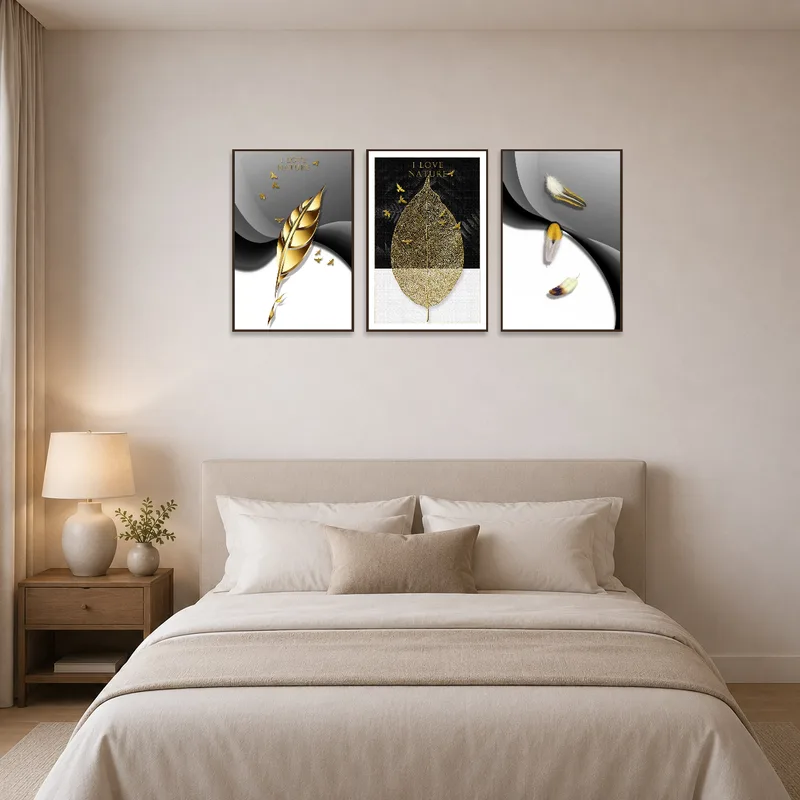 The elegant triptych lends a calming ambience to the restful bedroom decor.