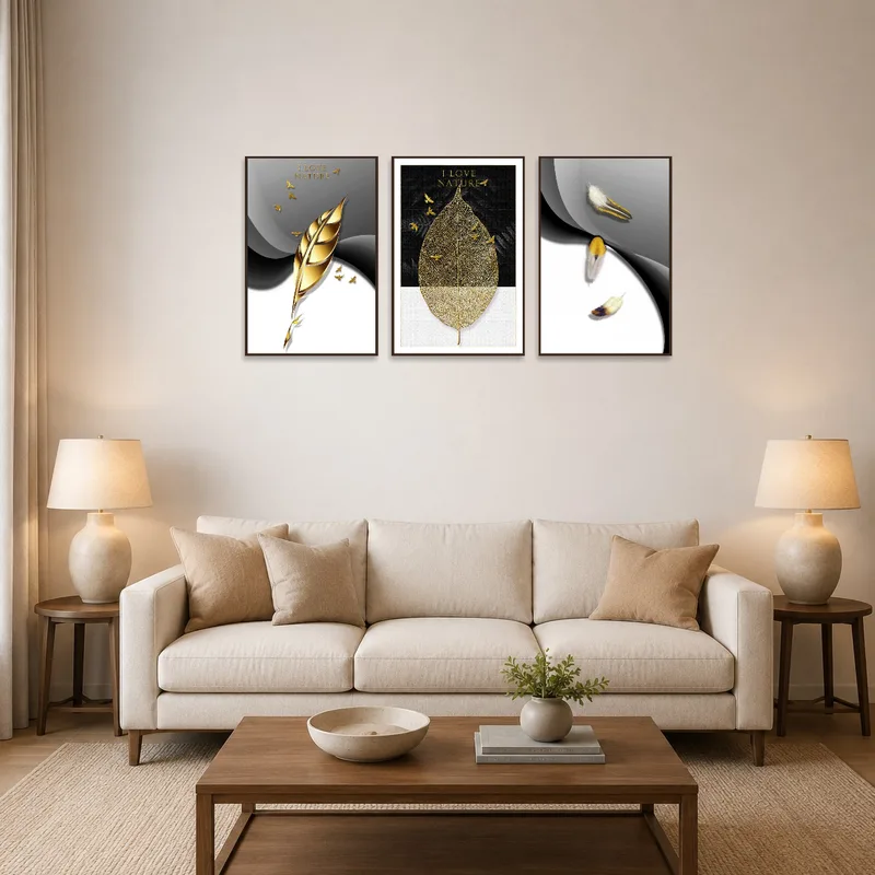 The triptych set adorns a stylish living room, complementing cozy furniture and lush greenery.