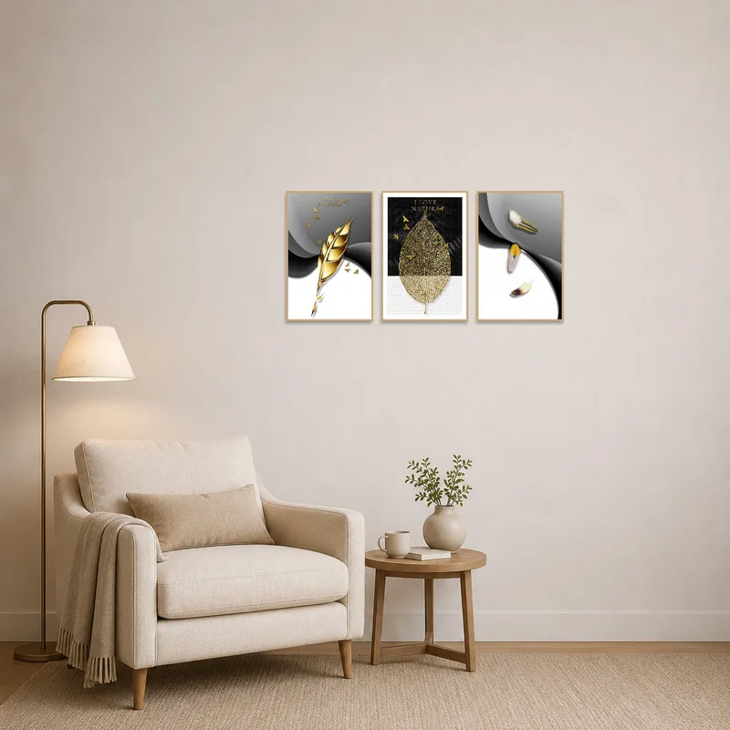 A serene reading corner is adorned with the nature triptych set, creating a tranquil atmosphere.