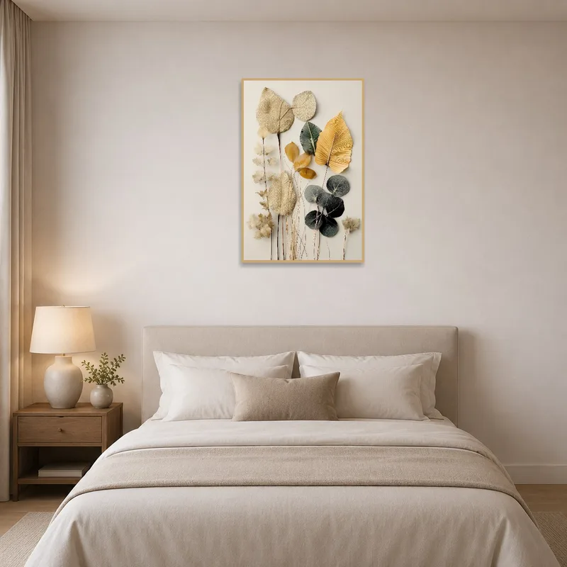 Serene leaf art enhancing a bedroom's tranquil atmosphere.