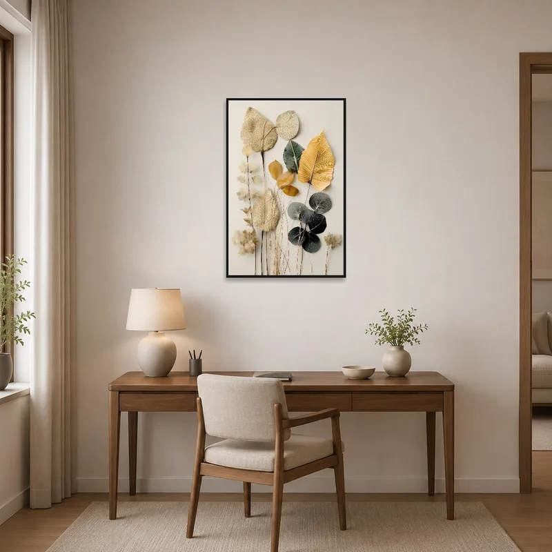 Neutral leaf artwork inspiring focus in a stylish home office.