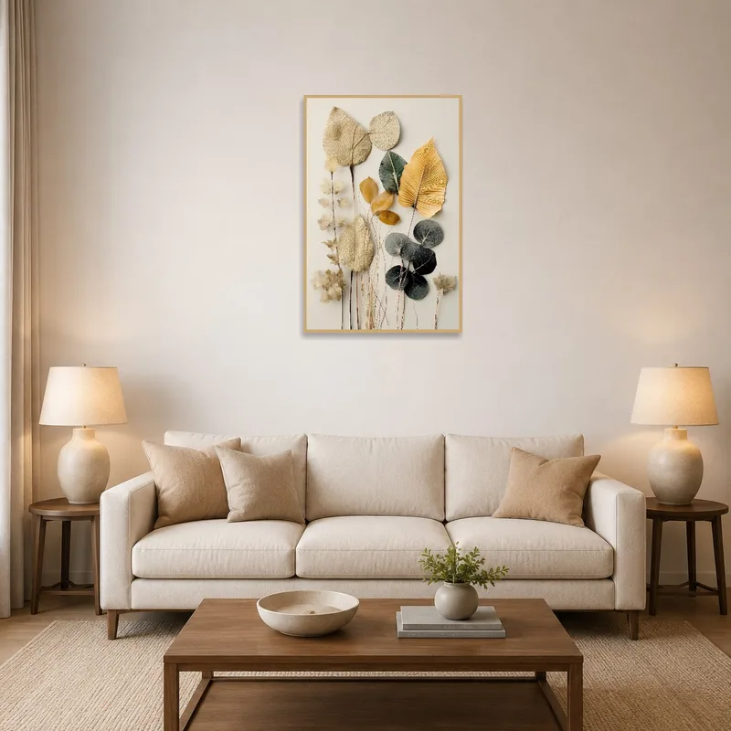 Elegant leaf artwork on a living room wall above a cozy seating area.