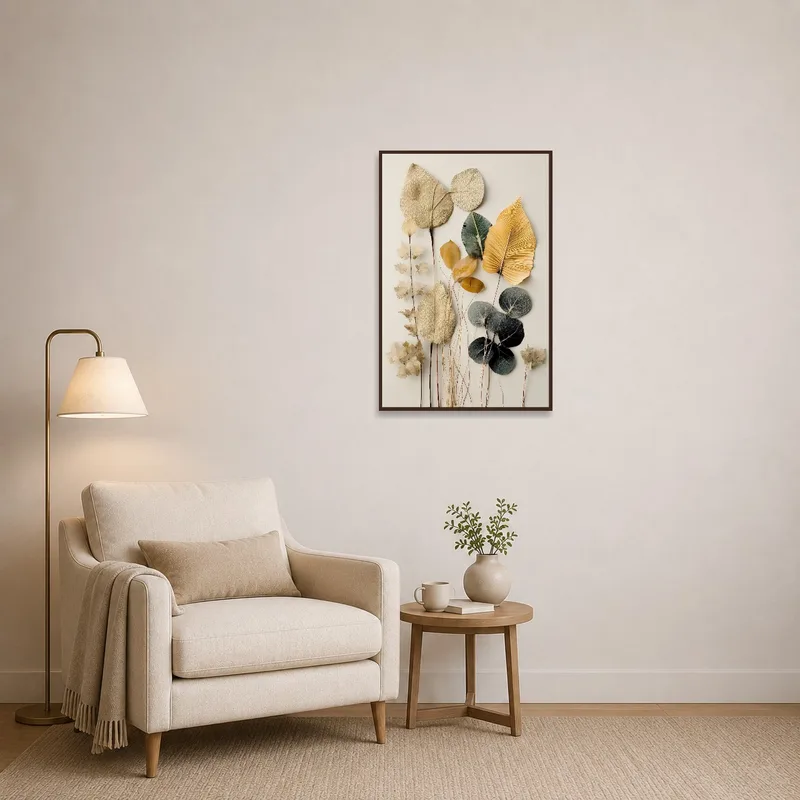 Leaf arrangement adding a calming touch to a cozy reading nook.