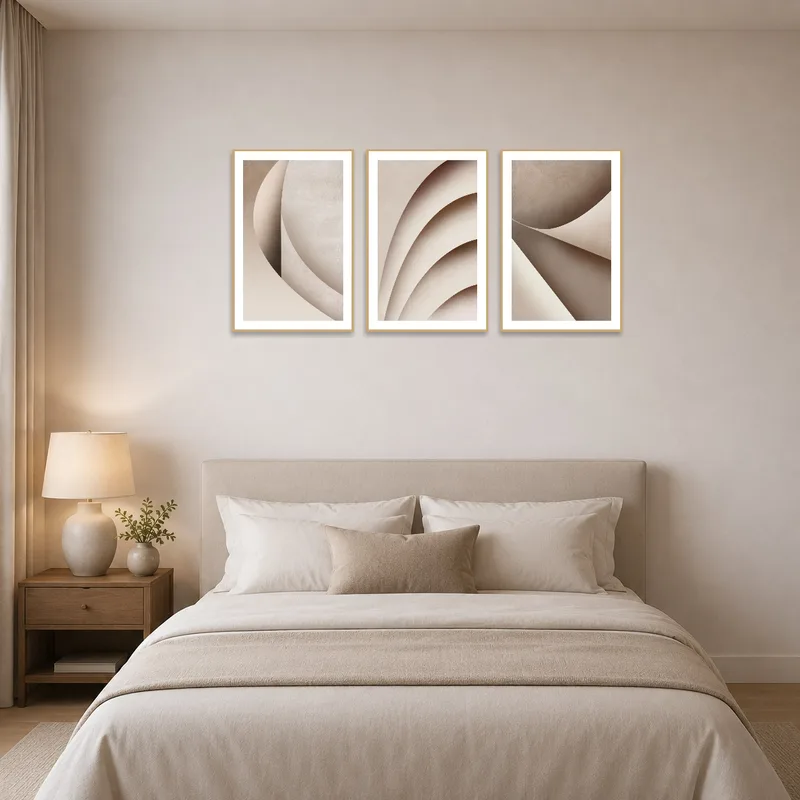 Abstract triptych set providing serenity to a modern bedroom's atmosphere.