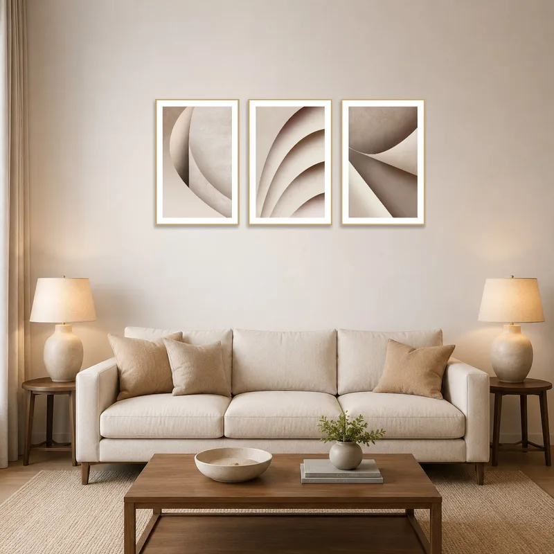 Neutral abstract triptych set on living room wall by a contemporary sofa.