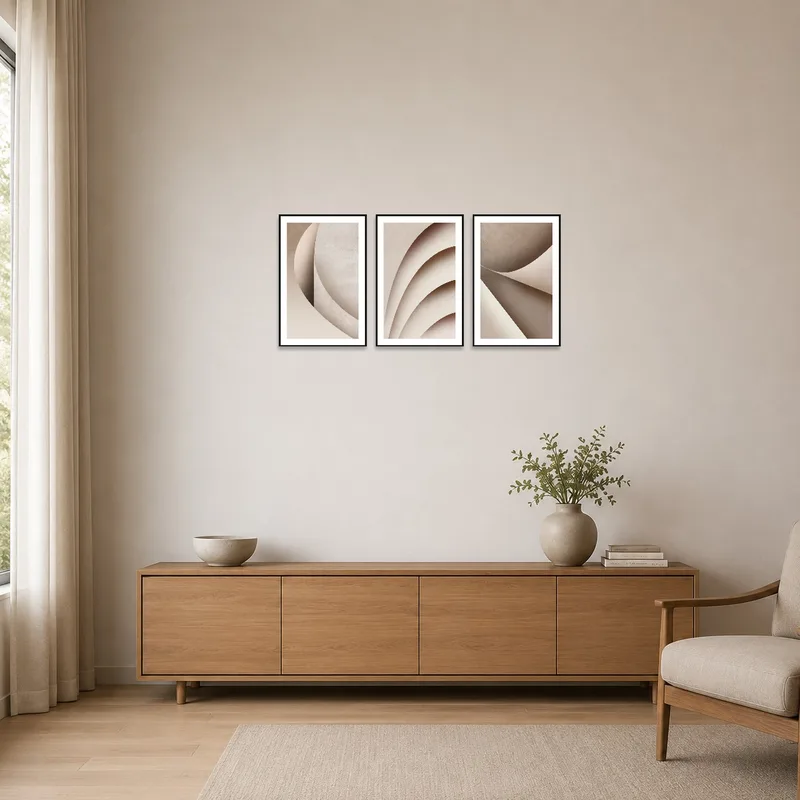 Minimalist room with neutral abstract triptych set enhancing the simple décor.