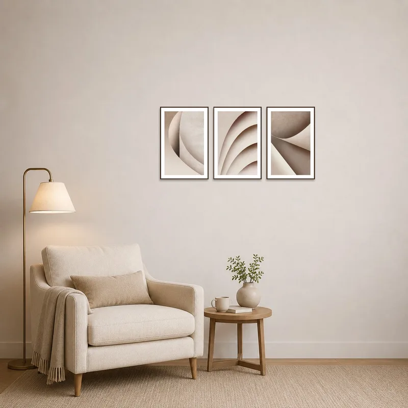 Reading corner adorned with a calming neutral tones abstract triptych set.