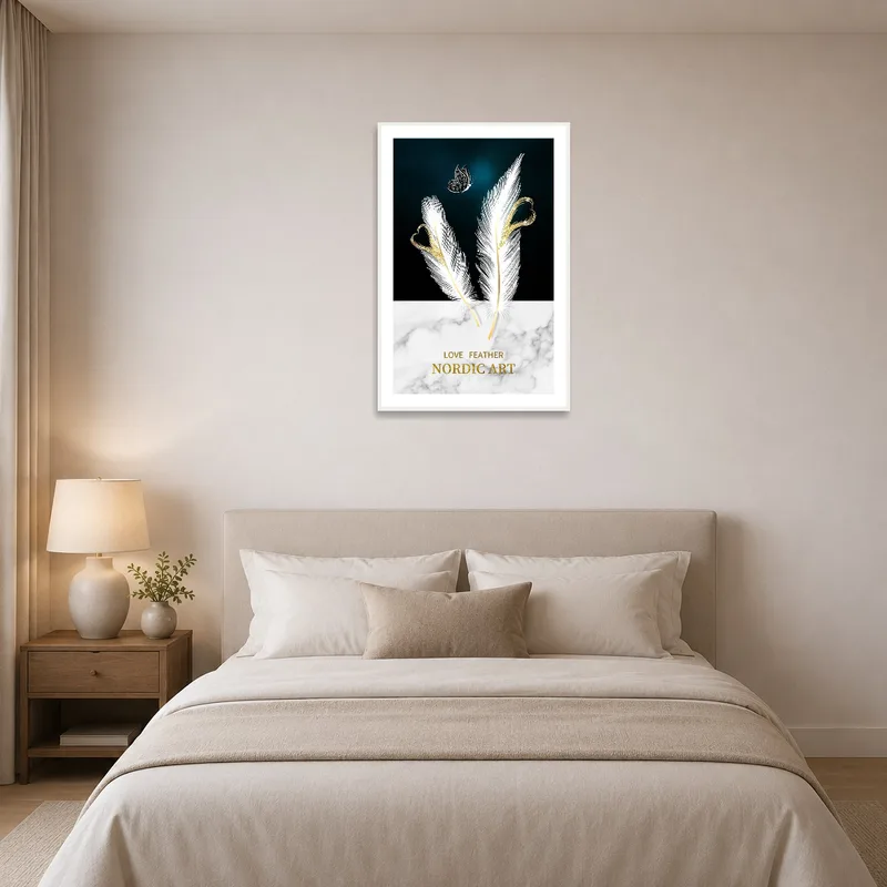 Serene bedroom with feather and butterfly Nordic art creates a peaceful vibe.