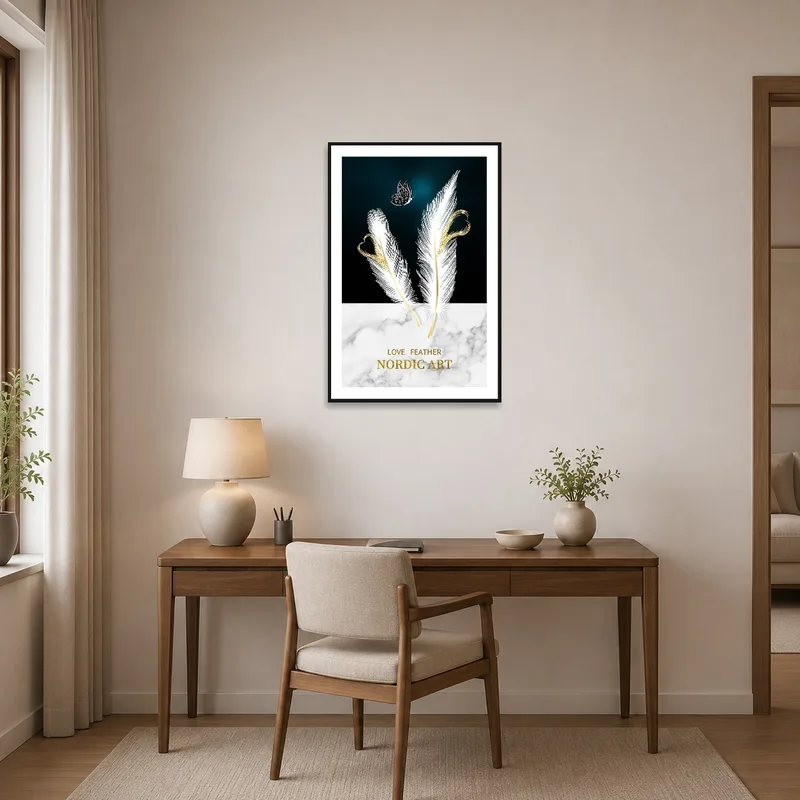 Feather and butterfly art infuses creativity in the home office space.