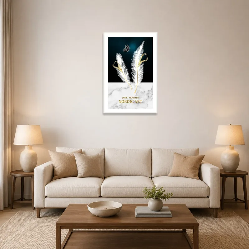 Sophisticated Nordic art with a feather and butterfly enhances the living room's ambiance.