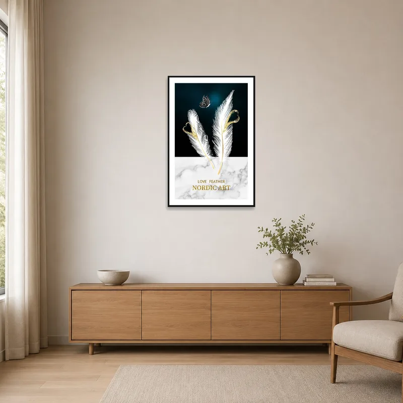 Minimalist room adorned with Nordic feather and butterfly art on the wall.