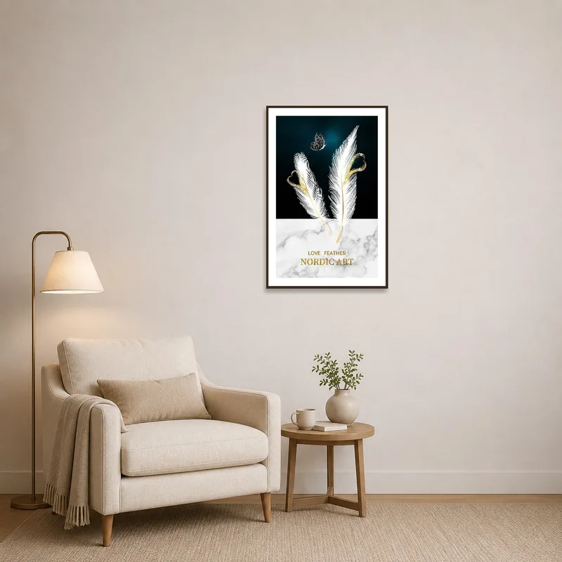 Nordic feather and butterfly art adds elegance to a cozy reading corner.