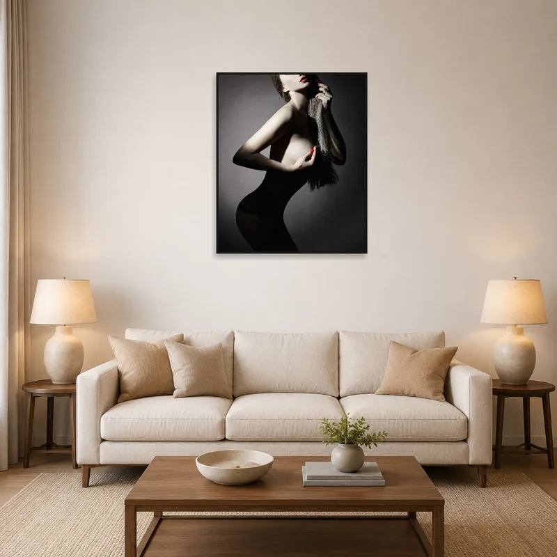 Elegant silhouette art print on a living room wall adding a touch of sophistication.