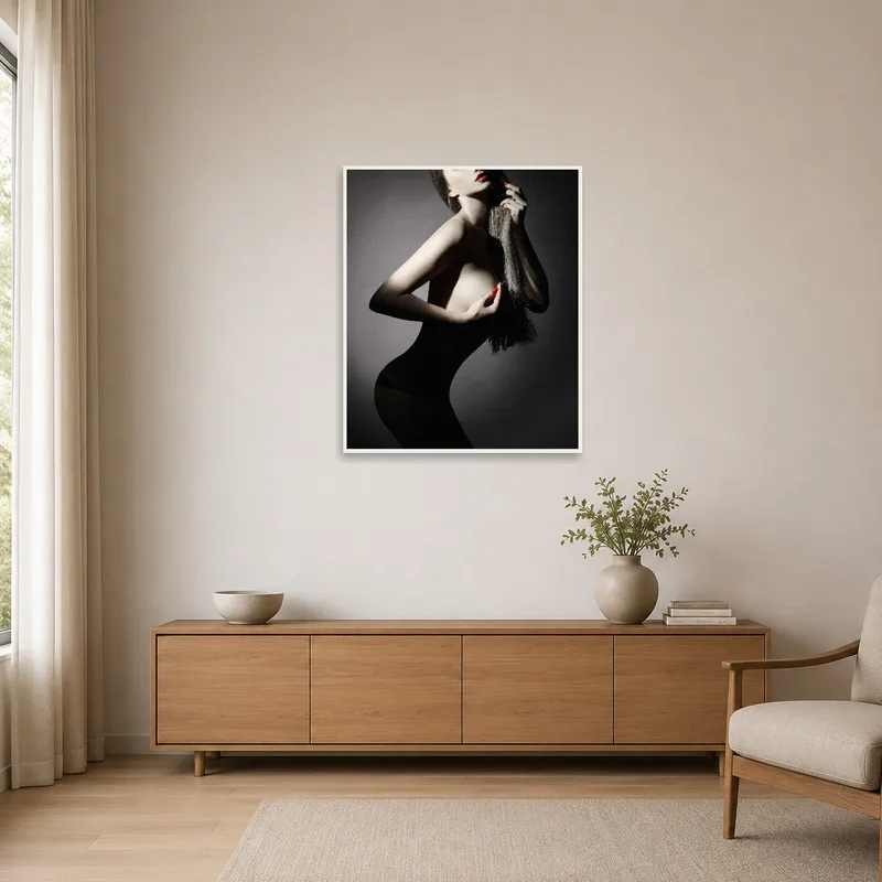 Silhouette art print enhancing the minimalist room's clean aesthetic.