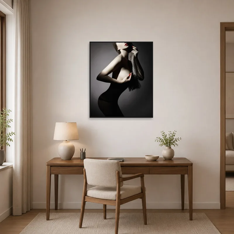 Home office enhanced by a sophisticated and shadowy nude silhouette print.