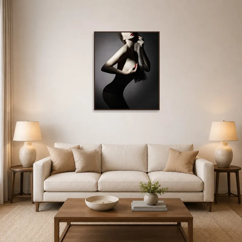 A sophisticated nude silhouette artwork on a living room wall with contrasting shadow effects.