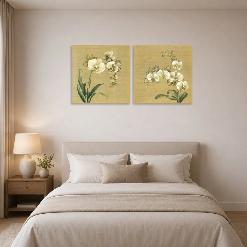 Calming orchid artwork enhancing a bedroom atmosphere.