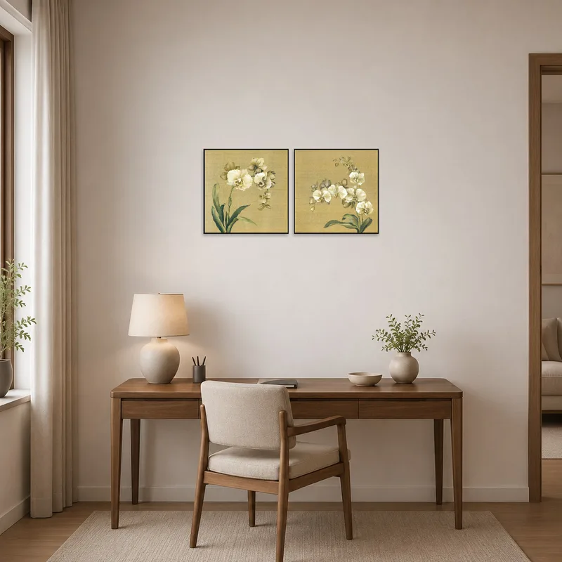 Soft golden orchids inspiring a serene home office space.
