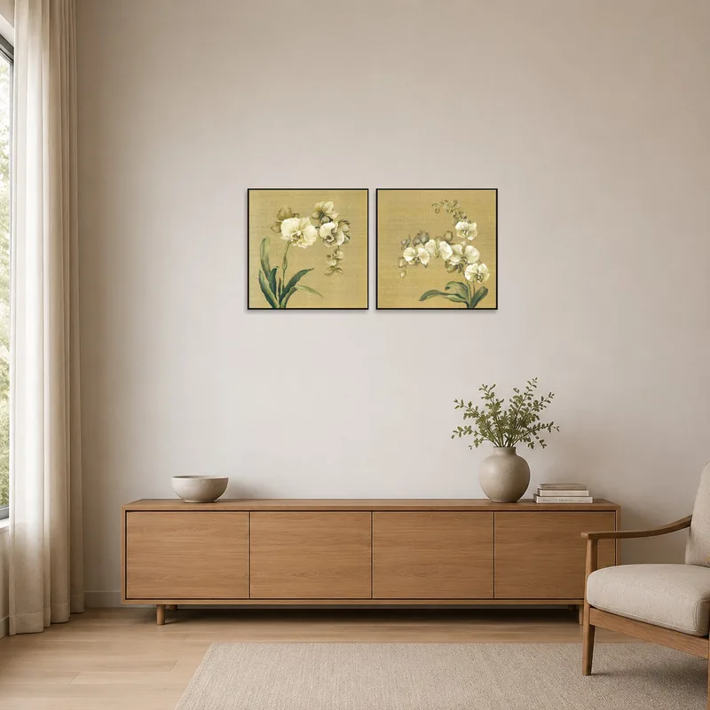 Minimalist setting highlighting the orchid art's soft gold hues.