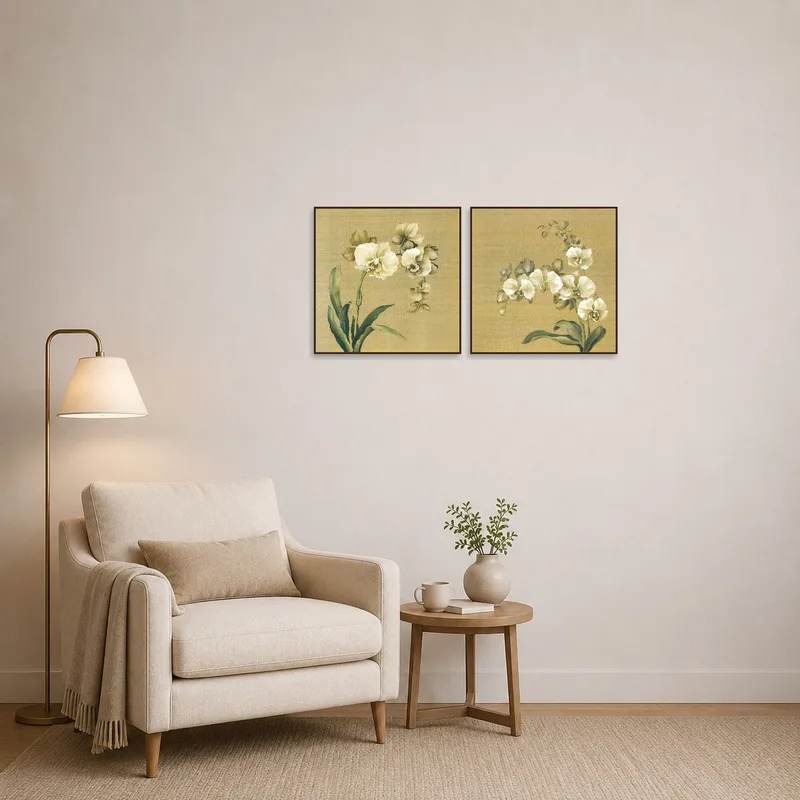Golden-hued orchids providing charm to a reading corner.