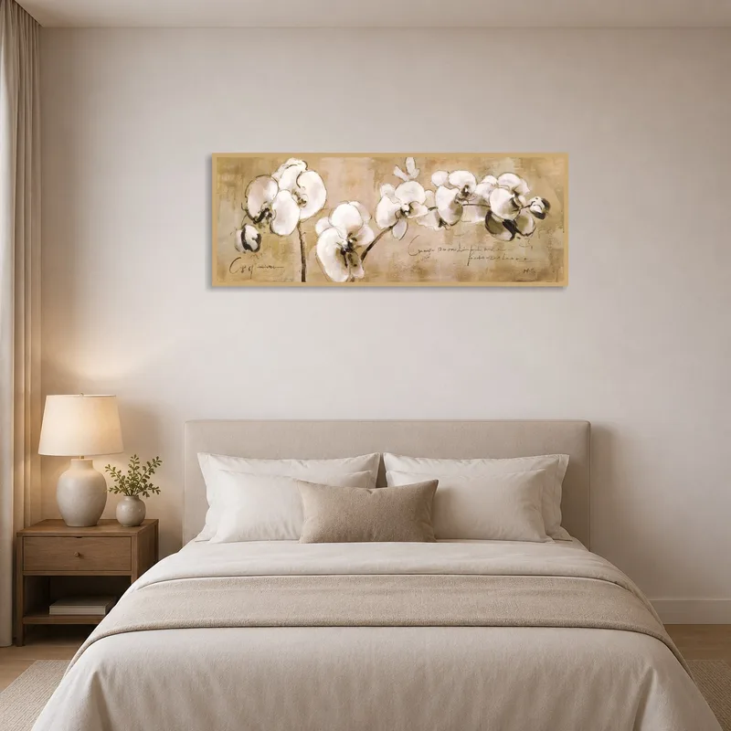 Orchid canvas adds a soothing touch to a bedroom wall.