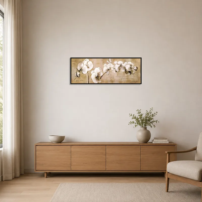 Elegant Orchids art piece placed in a minimalist space.