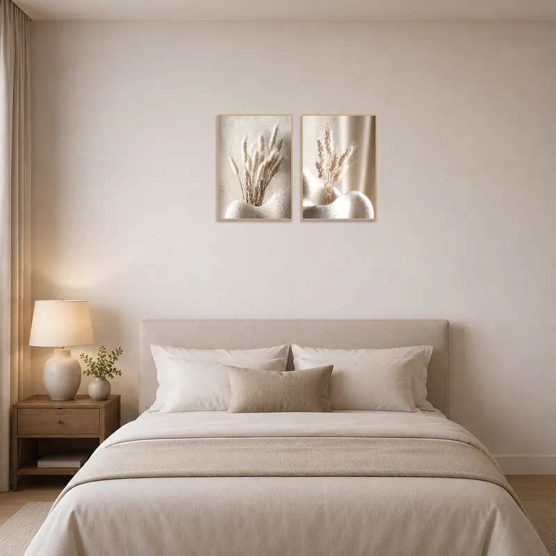 Set of art pieces brings elegance to a peaceful bedroom.