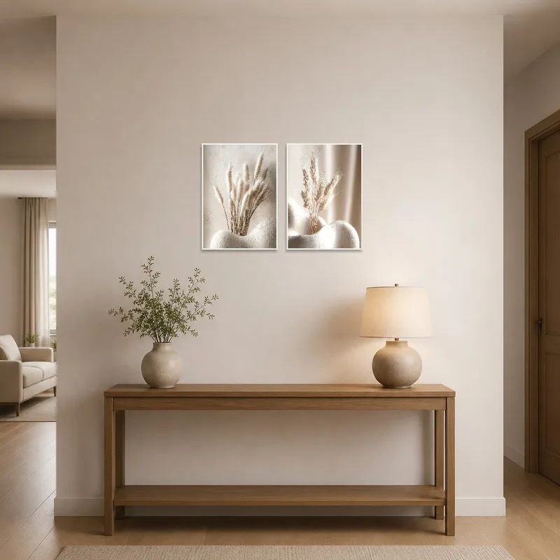 Pampas and wheat prints greet guests in a stylish entrance hall.