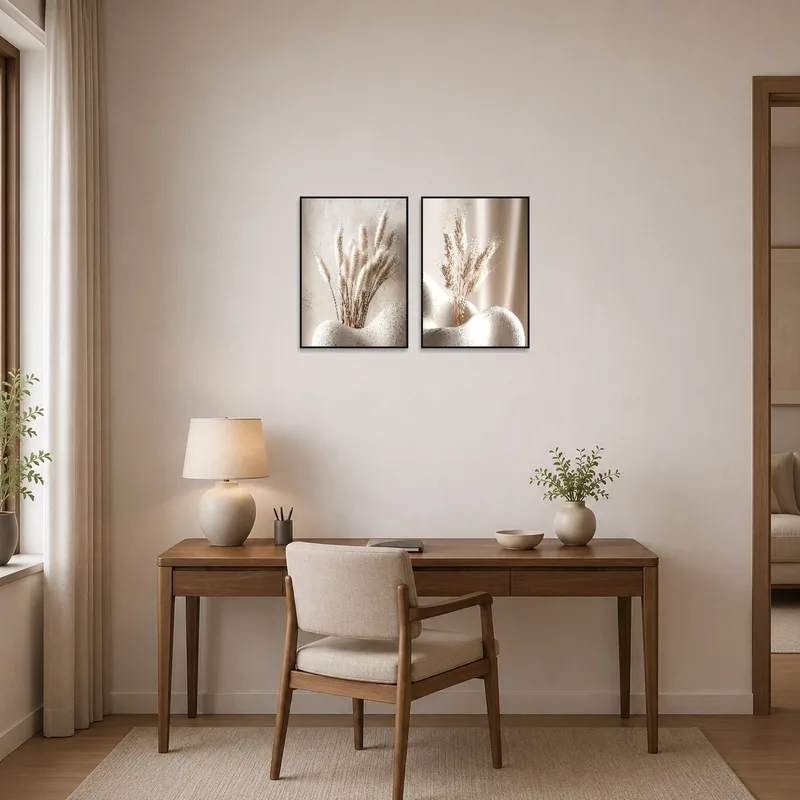 Pampas and wheat art adding a natural touch to a focused home office.