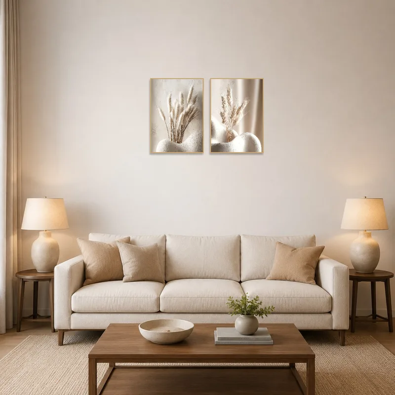Elegant pampas and wheat art set above a modern living room sofa.