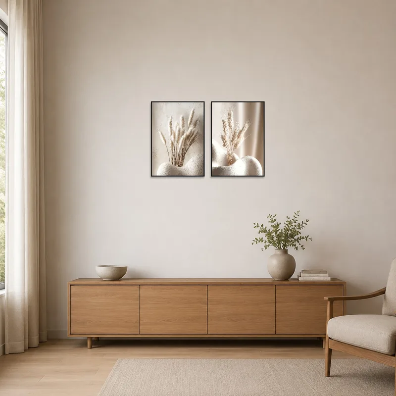 Minimalist space highlights pampas and wheat artwork on a plain wall.
