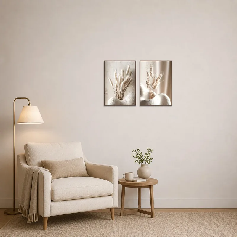 Gentle pampas and wheat motif enhances the calm of a reading corner.