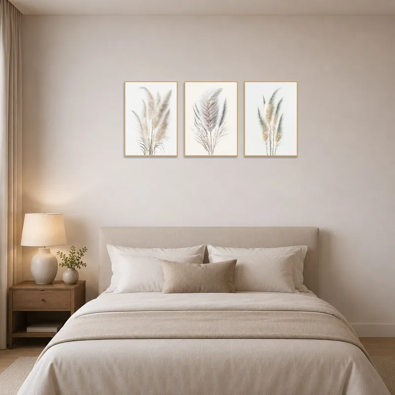 Pampas Grass Art Set enhancing the peaceful ambiance of a tranquil bedroom.