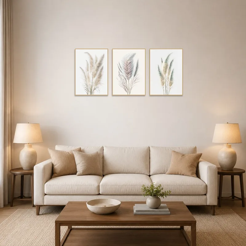 Pampas Grass Art Set of Three displayed above a cozy sofa in a modern living room.