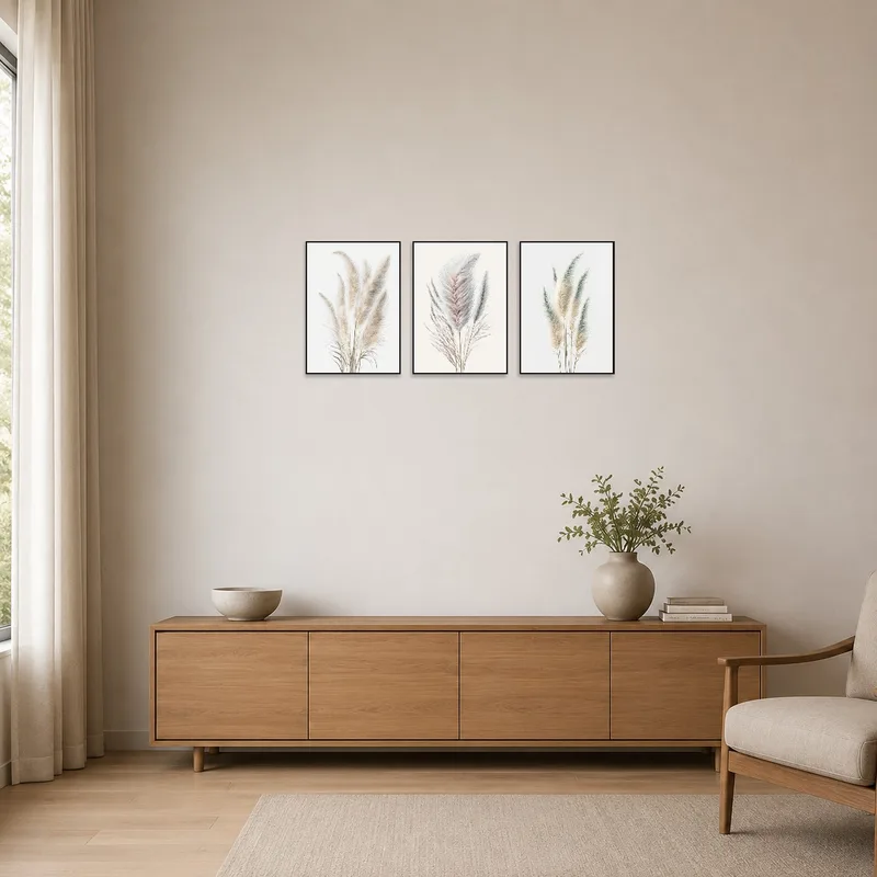 Pampas Grass Art Set creating a serene vibe in a minimalist room with light decor.