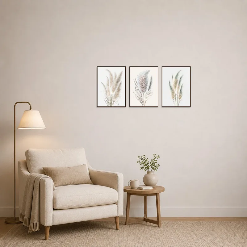 Pampas Grass Art Set providing a calming backdrop in a warm reading corner.